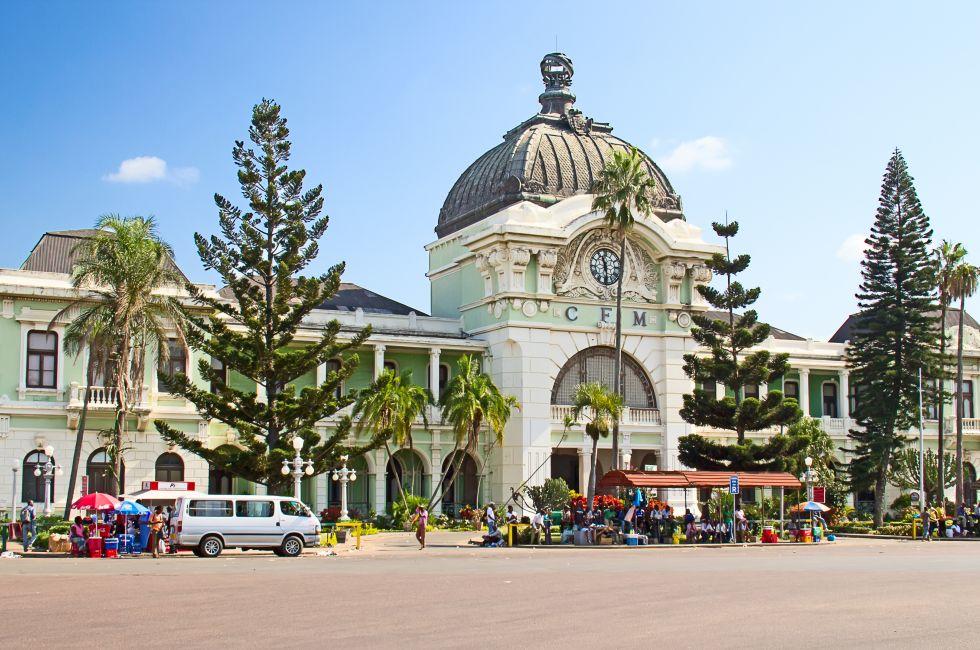 MAPUTO, MOZAMBIQUE - APRIL 29: Main railway statiion and bus terminal of Maputo, Mozambique on April 29, 2012. The station is transport hub for the country and historical landmark of colonial period; 