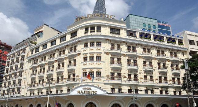 10 June 2011, Ho Chi Minh City, Vietnam. The front of the famous Majestic Hotel. Since 1925 the Majestic Hotel has occupied one of the finest locations in Saigon where guests enjoy the stunning views of Saigon River, old world boutique charm and the luxuri