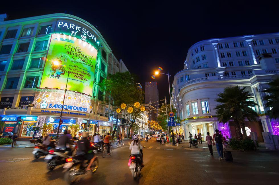 Scene of night life at Ho Chi Minh City (Saigon) the biggest city in Vietnam popular business center and modern tourist shopping.