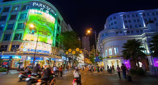 Scene of night life at Ho Chi Minh City (Saigon) the biggest city in Vietnam popular business center and modern tourist shopping.