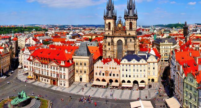 Aerial view over Old Town Square, Prague, Czech Republic.