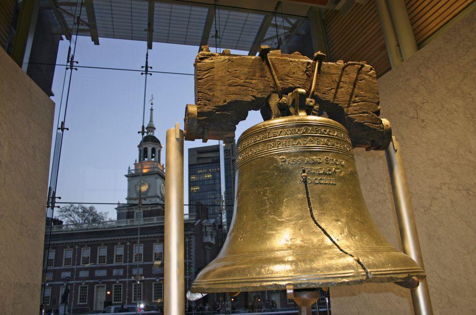 Close-up shot of the Liberty Bell with Independence Hall in the background at dusk. Located in downtown Philadelphia