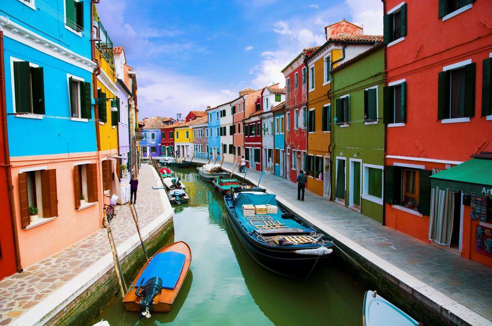 Venice, Burano island canal, small colored houses and the boats; Shutterstock ID 56676136; Project/Title: Fodors; Downloader: Melanie Marin