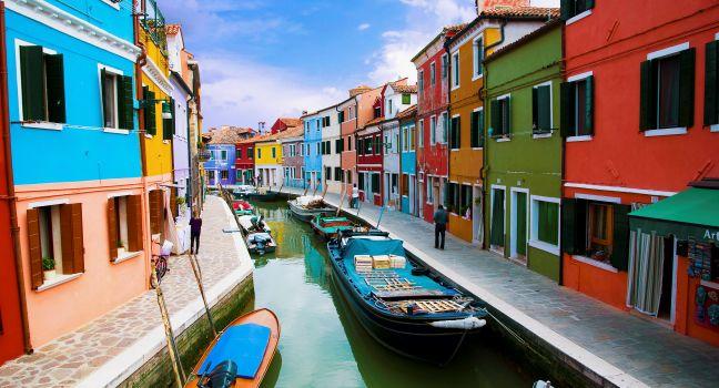Venice, Burano island canal, small colored houses and the boats; Shutterstock ID 56676136; Project/Title: Fodors; Downloader: Melanie Marin